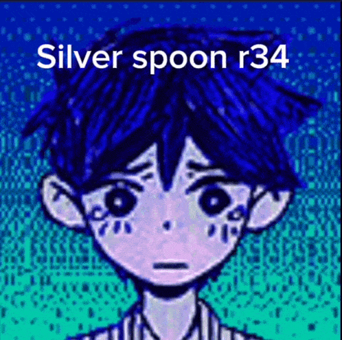 a cartoon of a boy with blue hair and the words " silver spoon r34 " above him