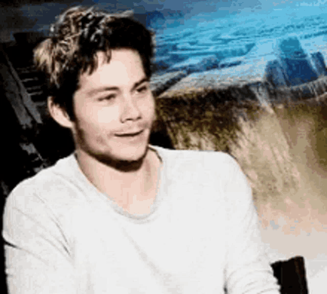 a young man wearing a white sweater is sitting in front of a painting .