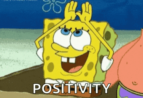spongebob squarepants is smiling and holding his hands over his head while patrick star is standing behind him .