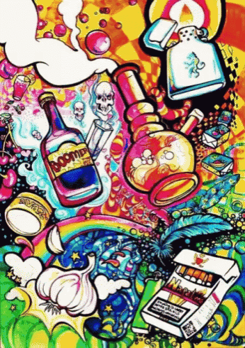 a colorful drawing of a bong , cigarettes , a lighter and a bottle of alcohol .