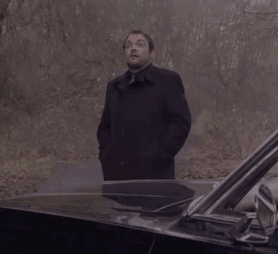a man in a black coat stands next to a black car