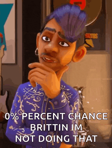 a cartoon character with purple hair and a mohawk is thinking about something while holding his hand to his chin .