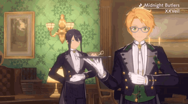 a video game character named midnight butlers xxveil stands next to another character