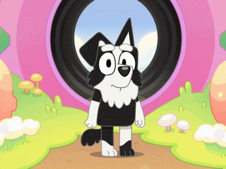 a black and white cartoon dog is standing in front of a pink circle