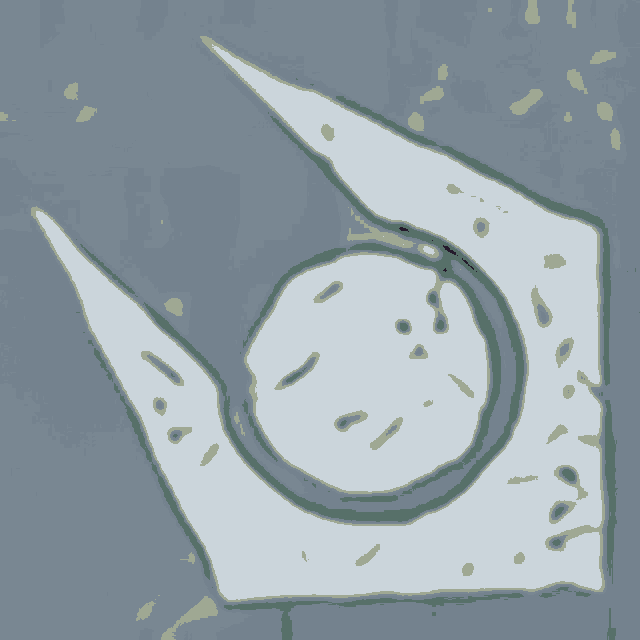 a drawing of a purple and green object with a yellow circle around it
