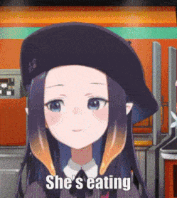 a cartoon girl is wearing a beret and saying she is eating .