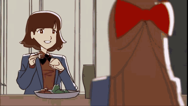 a cartoon of a woman sitting at a table with a plate of food on it