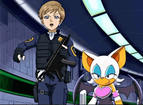 a woman in a police uniform stands next to a bat