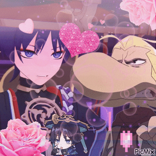 a couple of anime characters are standing next to each other with a pink heart in the background and picmix in the corner