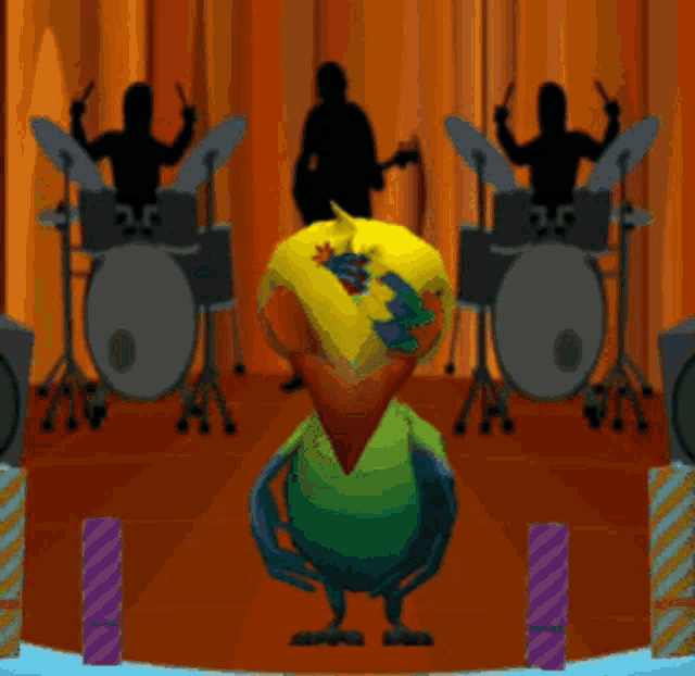 a cartoon parrot is dancing in front of a band