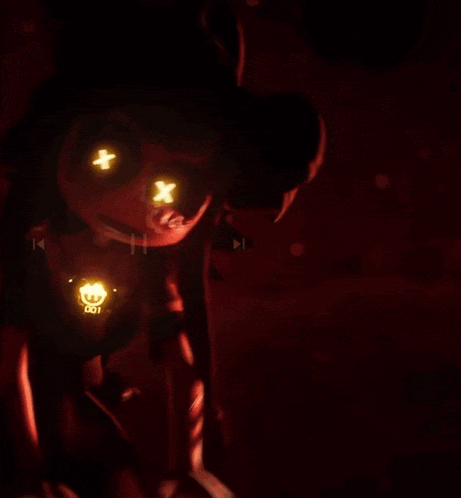 a cartoon character with x 's on his eyes and a pumpkin on his chest