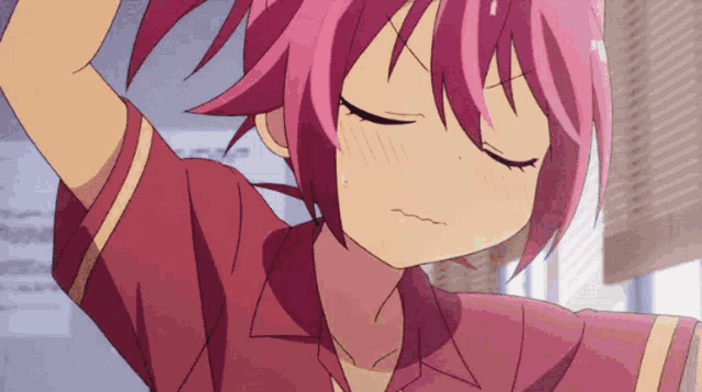 a girl with pink hair has her eyes closed and a surprised look on her face
