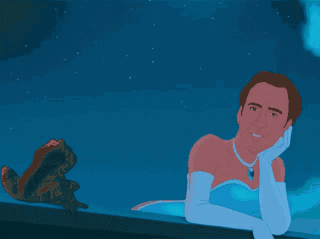 a cartoon of a man dressed as a princess with a frog sitting next to him