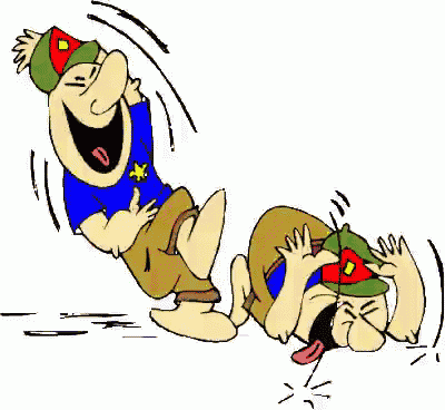 a cartoon of two men laughing together while one of them is laying on the ground .