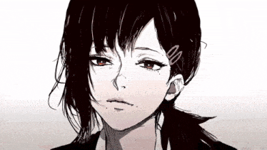 a drawing of a girl with black hair and red eyes