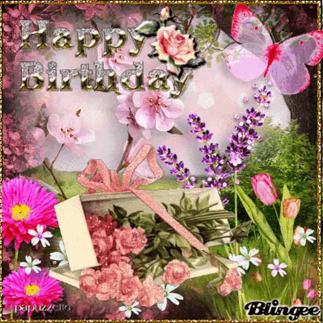 a birthday card with flowers and butterflies and says happy birthday