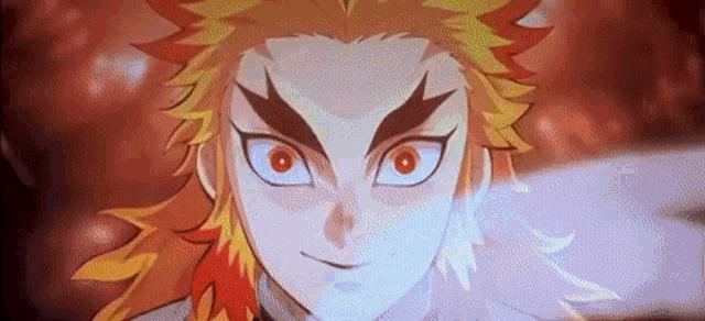 a close up of a cartoon character 's face with red eyes and fire in his hair .