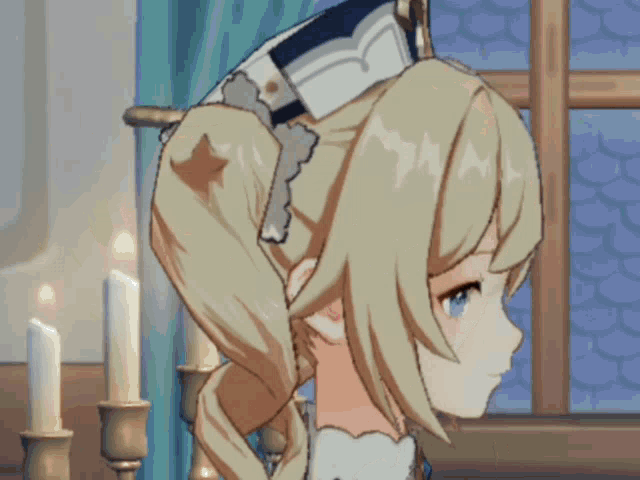 a girl with blonde hair and blue eyes is wearing a maid hat