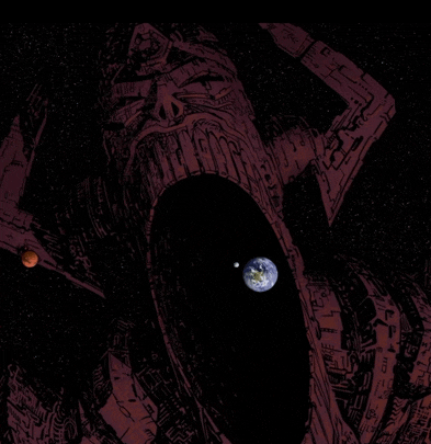 a drawing of a giant statue with a hole in it looking at the earth