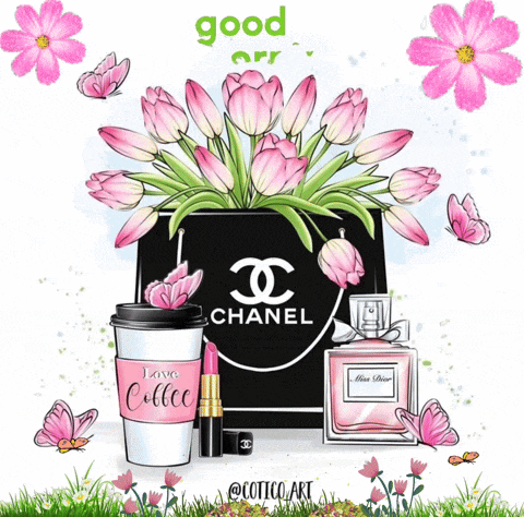 a chanel bag with a cup of coffee lipstick and perfume