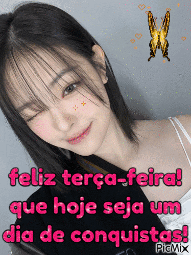 a picture of a woman with the words feliz terça-feira que hoje seja um dia de conquistas on the bottom