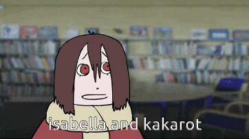 a cartoon of a girl with red eyes and the words isabella and kakarot