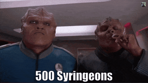 two aliens are smoking cigarettes and the words 500 syringeons are visible