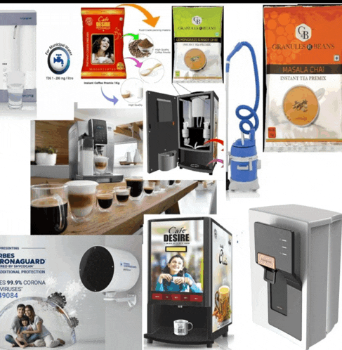 a collage of images includes a machine that says cafe desire on it