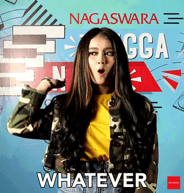 a woman in a camouflage jacket is standing in front of a sign that says nagasawara