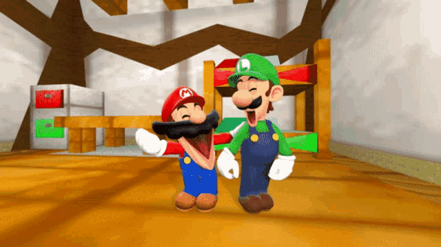 mario and luigi are standing next to each other in a bedroom