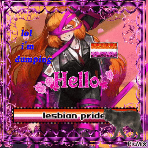 a picture of a girl with a purple ribbon around her head says hello lesbian pride