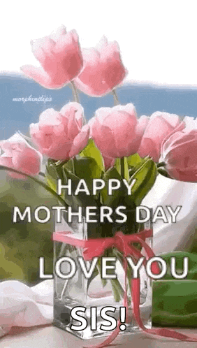 a vase filled with pink flowers with the words `` happy mother 's day love you sis '' .