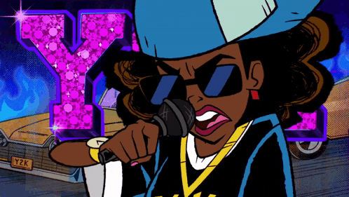 a cartoon drawing of a woman singing into a microphone with the letter y in the background