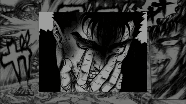 a drawing of a man covering his face with his hands