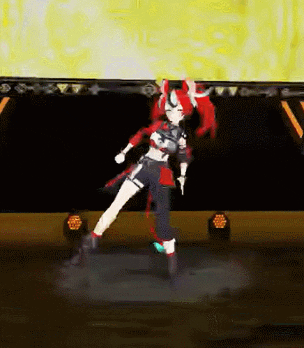 a 3d anime girl is dancing on a stage with a yellow background .