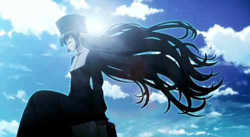 a girl with long black hair and a hat stands in front of a blue sky