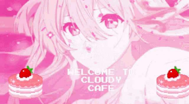 a pixel art of a girl with the words welcome to cloudy cafe above her