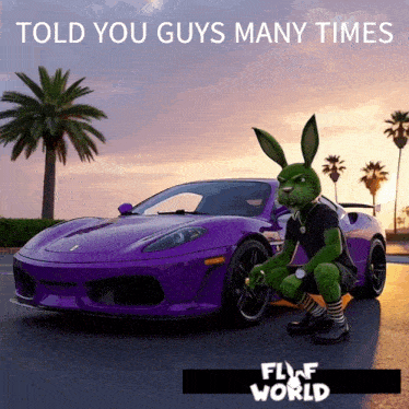 a cartoon rabbit is squatting in front of a purple car with the words " told you guys many times " above it