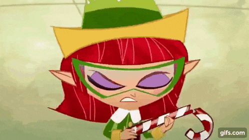 a cartoon girl is holding a candy cane and wearing a green hat .