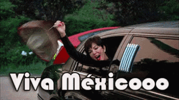 a woman is sitting in a limousine with her arms out the window and the words viva mexicoo on the bottom
