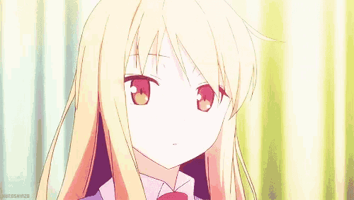 a girl with long blonde hair and red eyes is looking at the camera