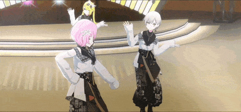 two anime girls are dancing on a stage in a video game .