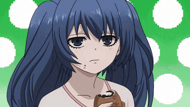 a girl with blue hair and pigtails is holding a cookie