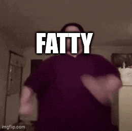 a man in a black shirt is dancing with the word fatty above him