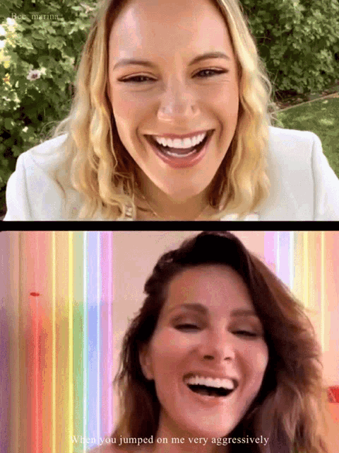 a video of two women laughing with the caption when you jumped on me very aggressively