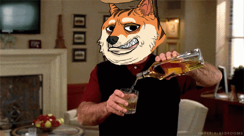 a man with a dog head is pouring a drink