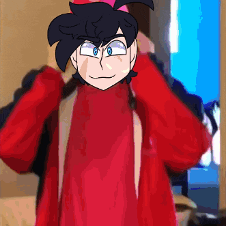 a cartoon character wearing a red sweater and a pink hat