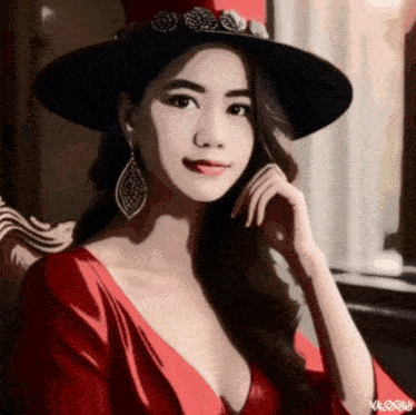 a painting of a woman wearing a red dress and a black hat with the word vlogu on the bottom right