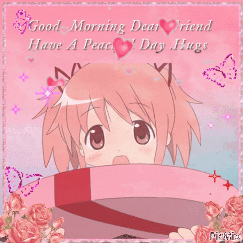 a picture of a girl with the words good morning dear friend have a peaceful day hugs on it
