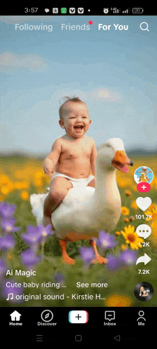 a baby is riding on the back of a duck in a field